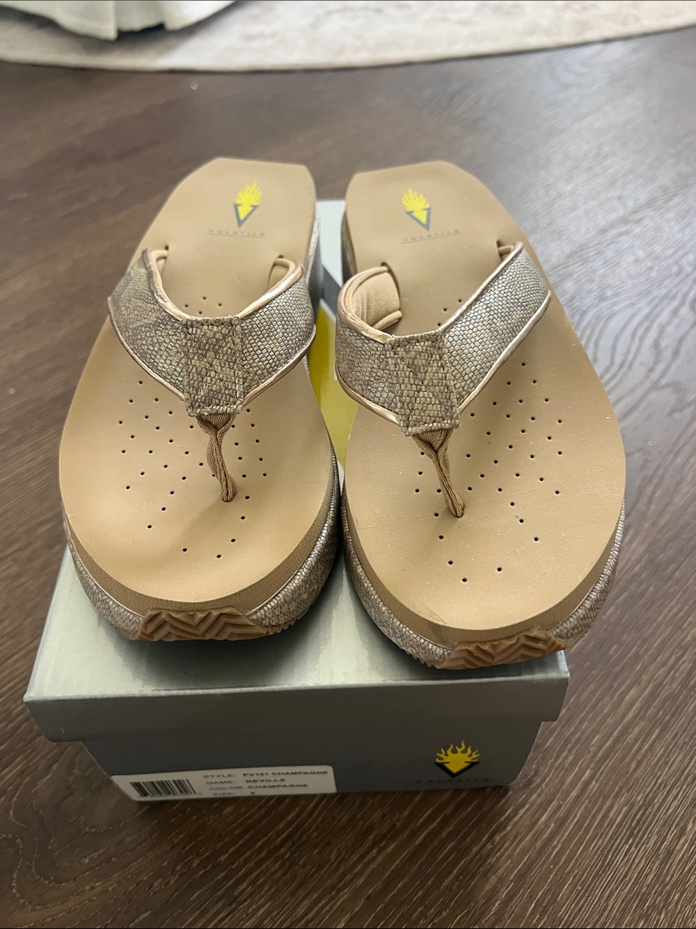 Volatile Tan Metallic Snake-Print Thong Sandals